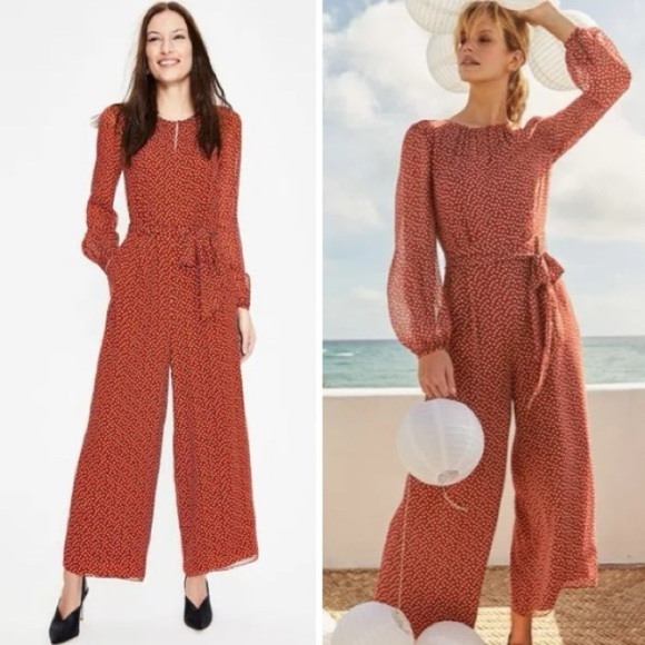 Boden Hermione Silk Jumpsuit Red Polka Dot Long Sleeve Wide Leg Size 6 - Picture 1 of 13